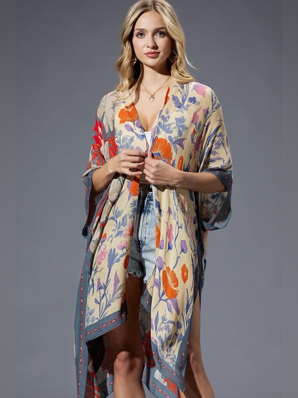 “Phyllis” Botanical Floral Kimono | Boho Resort Cover Up | One Size | Flowy